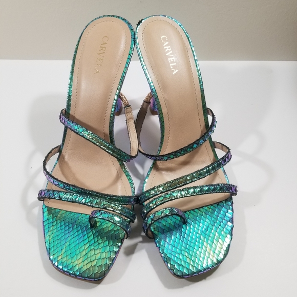 Carvela Metallic Turquoise Snakeskin Leather Strap Stiletto Open Toe Sandal 9.5 - Picture 2 of 8